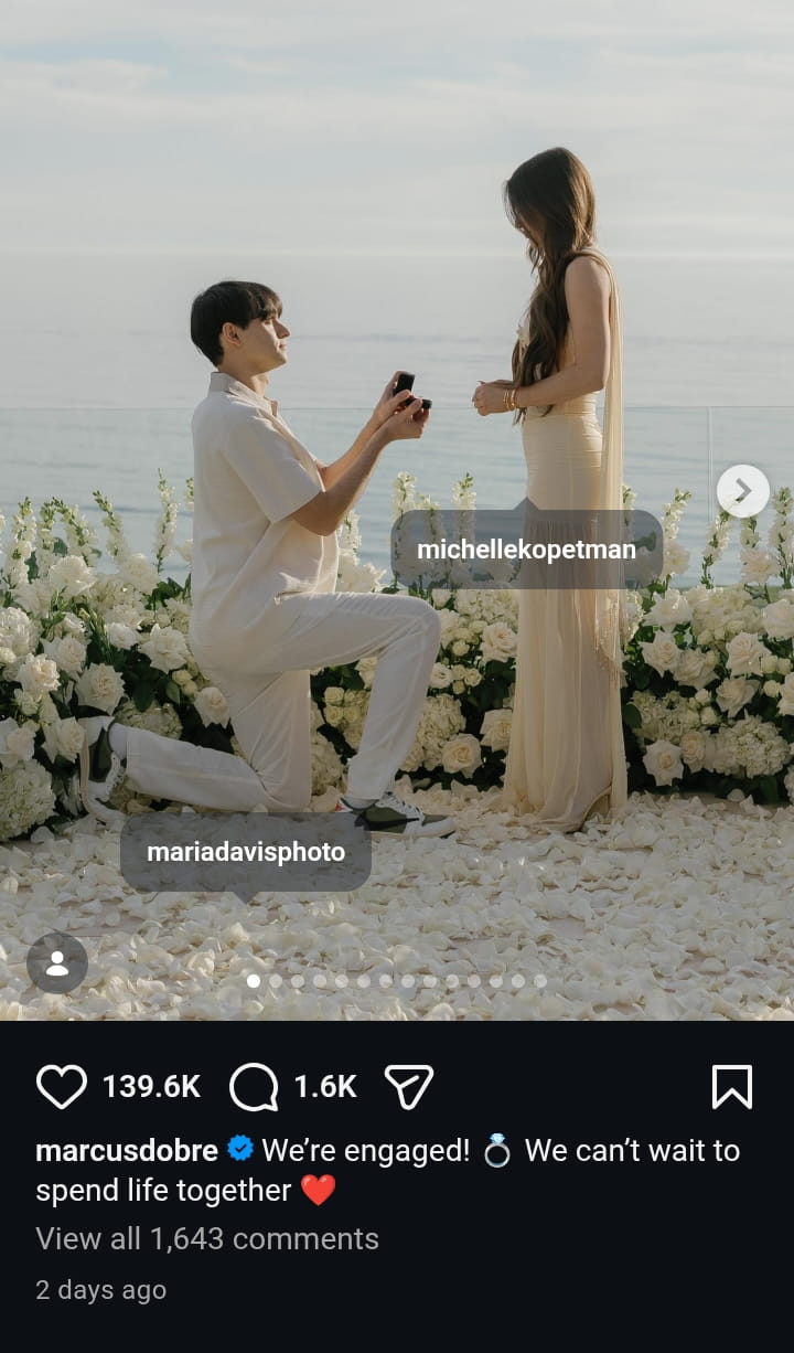 Marcus Dobre, is pictured with his soon-to-be wife, Michelle Kopetman, as he kneels down to propose to her to marry him, back in March 2026.
