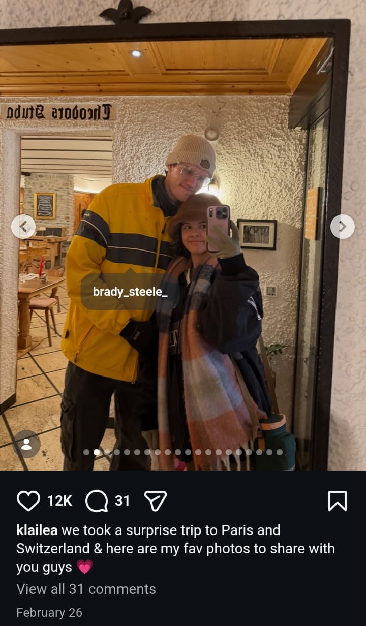 Klailea Bennett, is pictured with her husband, Brady Steele, as shared from their trip to Paris & Switzerland, back in February 2026.